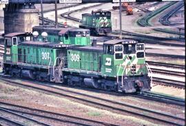 Burlington Northern diesel locomotives Number 306, Number 307, Number 309 and Number 6020 in Minn...