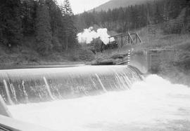 Northern Pacific steam locomotive at Headworks Spur, Washington, in 1953.