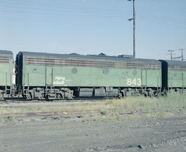 Burlington Northern diesel locomotive 843 at Auburn, Washington in 1979.