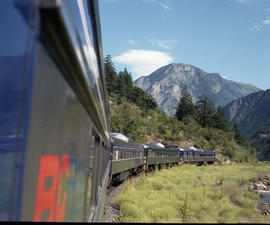 British Columbia Railway Company rail diesel cars in British Columbia on July 11, 1990.