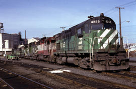 Burlington Northern Railroad Company diesel locomotive 4258 at Portland, Oregon in 1979.