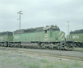 Burlington Northern diesel locomotive 6833 at Auburn, Washington in 1980.