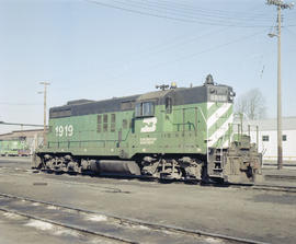 Burlington Northern diesel locomotive 1919 at Auburn, Washington in 1980.