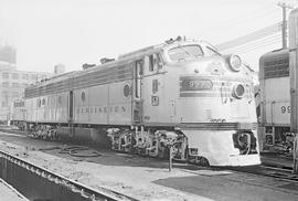 Burlington Northern diesel locomotive 9973 at Chicago, Illinois in 1972.