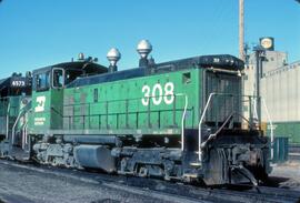 Burlington Northern diesel locomotive Number 308 at Northtown, Minnesota in 1981