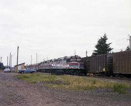 Amtrak diesel locomotive 538 at East Olympia, Washington in June 1980.