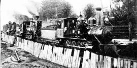 Columbia and Puget Sound Railroad steam locomotives at Seattle, Washington, circa 1890.