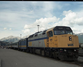 VIA Rail Canada passenger train 6451 at Jasper, Alberta on July 09, 1990.