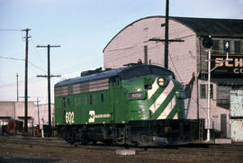 Burlington Northern Railroad Company diesel locomotive 602 at Portland, Oregon in 1975.