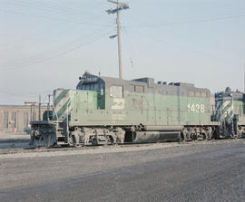 Burlington Northern diesel locomotive 1438 at Auburn, Washington in 1979.