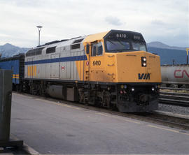VIA Rail Canada diesel locomotive 6410 at Jasper, Alberta on August 09, 1989.