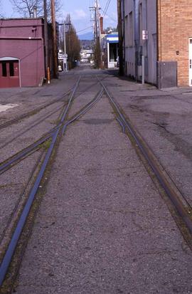 Northern Pacific rail remaining in the alley at Bellingham, Washington, in 2001.