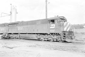 Burlington Northern diesel locomotive 5707 at Tacoma, Washington in 1973.