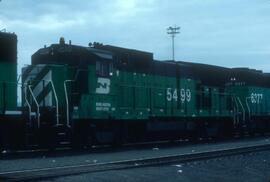 Burlington Northern diesel locomotive 5499 at Yardley, Washington in 1986.