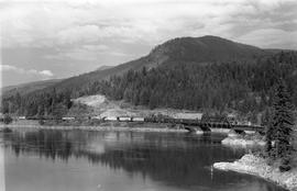 Canadian Pacific Railway freight train in the distance at Nelson, British Columbia in August 1974.