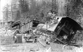 Columbia and Puget Sound Railroad accident at Newcastle, Washington, circa 1910.