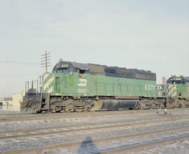 Burlington Northern diesel locomotive 6331 at Yakima, Washington, circa 1980.