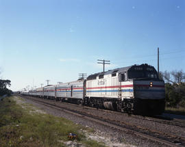 Amtrak diesel locomotive 377 leads train number 98 at Fort Lauderdale, Florida on December 30, 1984.