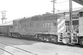 Burlington Northern diesel locomotive 1773 at Tacoma, Washington in 1973.