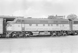 Burlington Northern diesel locomotive 9754 at Tacoma, Washington in 1971.