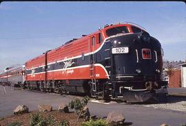 Spirit of Washington Dinner Train locomotive number 102 at Renton, Washington, circa 1995.