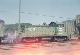 Burlington Northern diesel locomotive 102 at Tacoma, Washington in 1986.