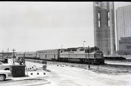 Amtrak passenger train passes Reunion Tower in Dallas, Texas on June 22, 1978.