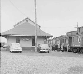 Northern Pacific mixed train number 594 at Raymond, Washington, in 1954.