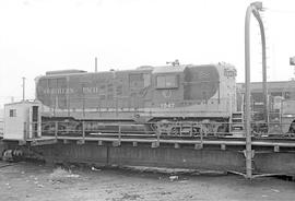 Burlington Northern diesel locomotive 1947 at Minneapolis, Minnesota in 1972.