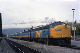 VIA Rail Canada diesel locomotive 6302 at Jasper, Alberta on September 14, 1986.