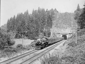 Northern Pacific steam locomotive number 2263 at Ostrander, Washington, circa 1940.