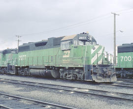 Burlington Northern diesel locomotive 2077 at Portland, Oregon in 1981.