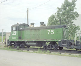 Burlington Northern diesel locomotive 75 at Tulsa, Oklahoma in 1982.