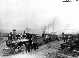 Columbia and Puget Sound Railroad steam locomotives at Seattle, Washington, circa 1890.