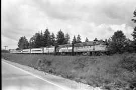 Amtrak diesel locomotives 9758 at between Rainier and Yelm, Washington on June 27, 1971.