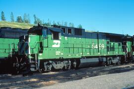 Burlington Northern diesel locomotive 5499 at Northtown, Minnesota in 1985.