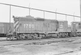 Burlington Northern diesel locomotive 1788 at Parkwater, Washington in 1976.