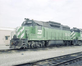 Burlington Northern diesel locomotive 2550 at Tulsa, Oklahoma in 1982.