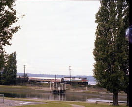 Amtrak diesel locomotive 255 at Titlow, Washington in January 1976.
