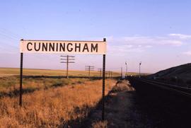 Burlington Northern station sign at Cunningham, Washington, in 1986.