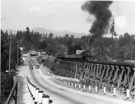 Pacific Coast Railroad freight train at Maple Valley, Washington in 1943.