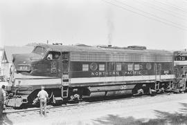 Burlington Northern diesel locomotive 812 at Bonners Ferry, Idaho in 1971.