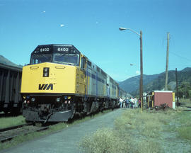 VIA Rail Canada diesel locomotive 6402 at Boston Bar, British Columbia on August 11, 1989.