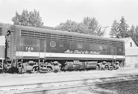 Burlington Northern diesel locomotive 749 at Sandpoint, Idaho in 1971.