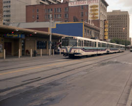 Three Calgary Transit light rail cars at Calgary, Alberta in August 1990.