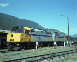 VIA Rail Canada diesel locomotive 6402 at Boston Bar, British Columbia on August 11, 1989.