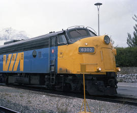 VIA Rail Canada diesel locomotive 6302 at Jasper, Alberta in September 1986.
