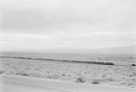 Four Southern Pacific Railroad diesel locomotives lead an extra freight train between Lovelock an...