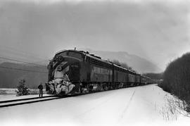 Amtrak diesel locomotive 9716 at Eagle Gorge, Washington on January 1, 1972.