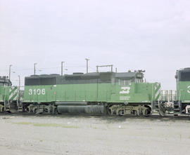 Burlington Northern diesel locomotive 3106 at Tulsa, Oklahoma in 1982.